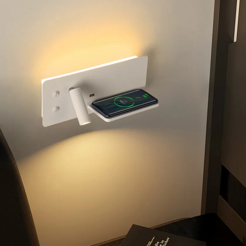 Multi functional wall lamp with switch, USB interface, LED mobile phone wireless charger, reading wall lamp, bedroom night light