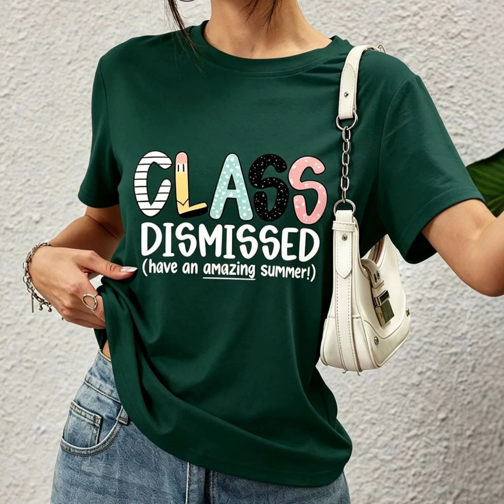American Style Short Sleeve T-Shirt Women's Letter Print Slimming Fashionable Cross-Border Shoulder Length round Neck Top