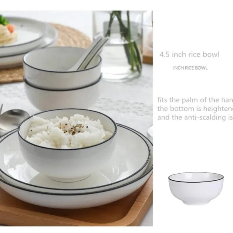 White With Black Dinner Plate Set Ceramic Serving Tray Food Dishes Rice Salad Noodles Bowl Soup Kitchen Dinnerware