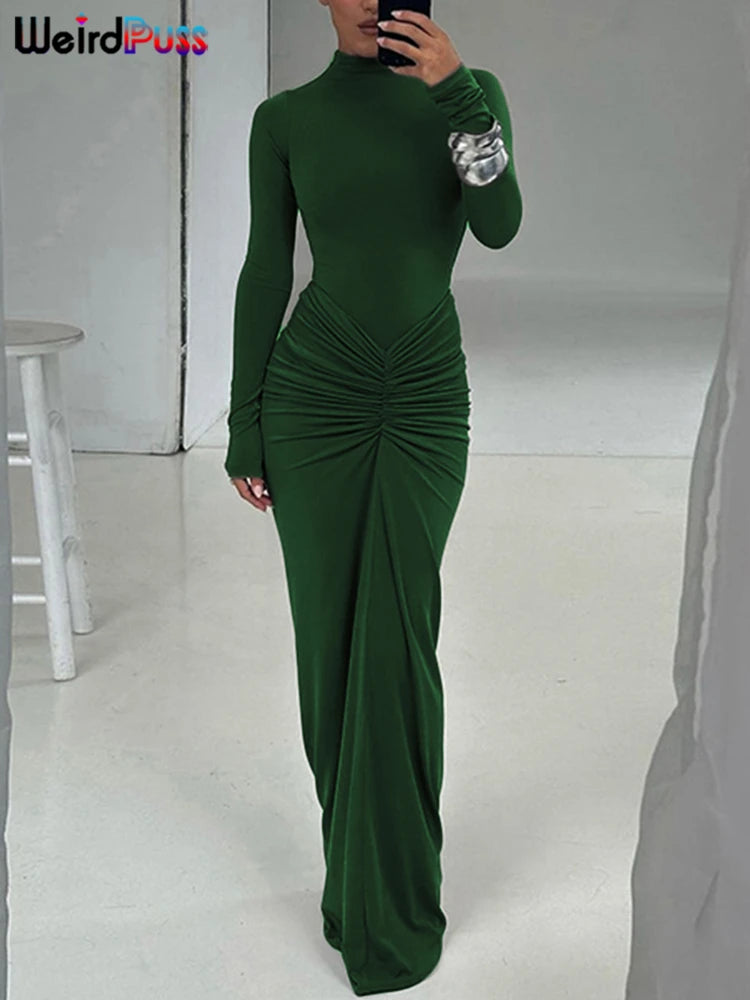 Weird Puss Hipster Ruched Dress Women O-Neck Full Sleeve Skinny Stretch Robe Autumn Trend Simple Classic Pleats Long Bodycon