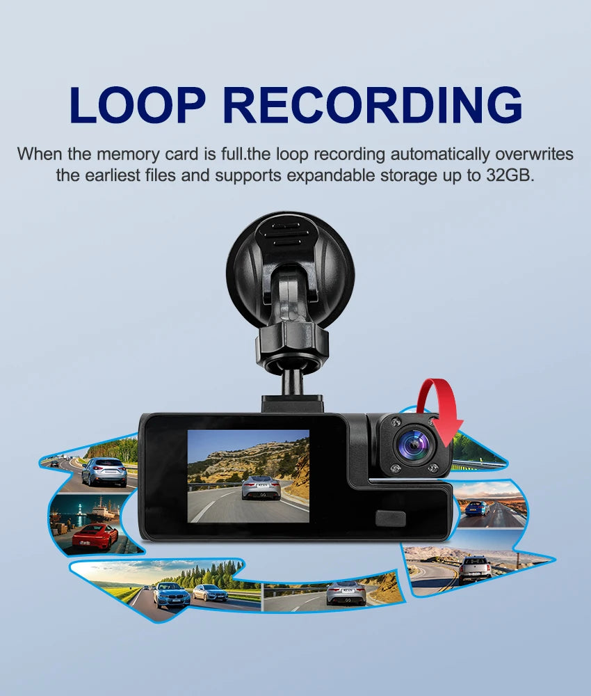 HD 1080P Car DVR Dash Cam with 3 Lens Wide Angle Night Vision G-Sensor Loop Recording for Front Inside and Rear Vehicle Camera