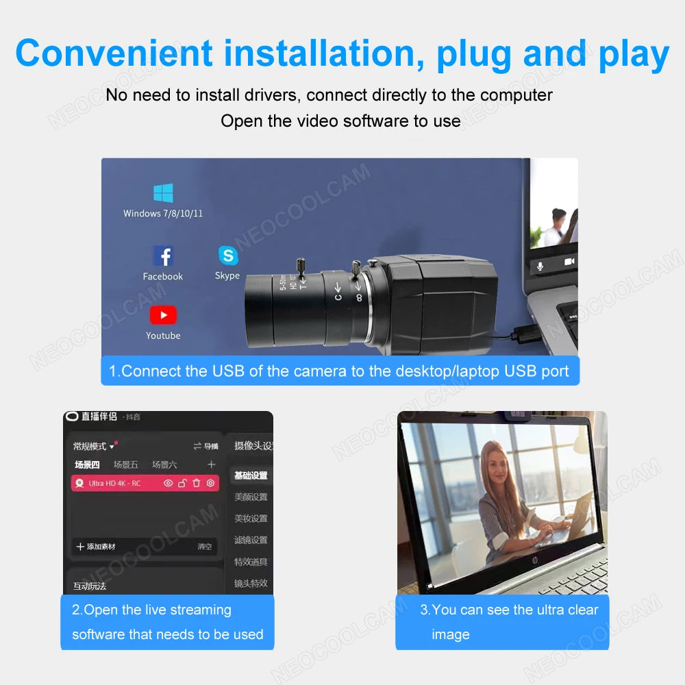 HD 4K USB Webcam With 2.8-12mm Varifocal Zoom Lens 2K 4MP PC Usb Video Camera UVC OTG Plug And Play For Live Streaming