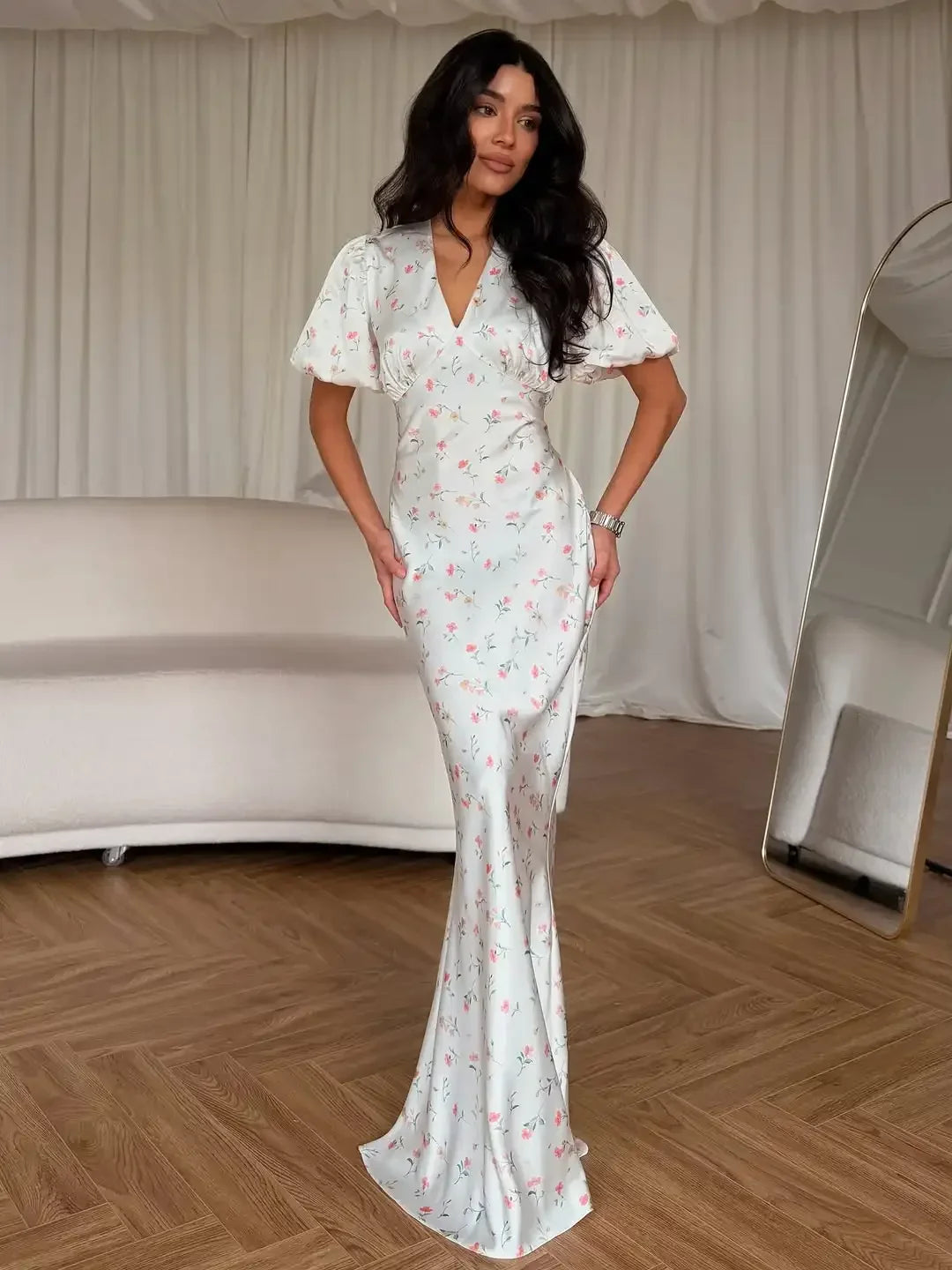 Elegant Printed V-neck Maxi Dress Women Fashion Satin Puff Short Sleeve High Waist Slim Long Dresses 2026 Summer Lady Party Robe