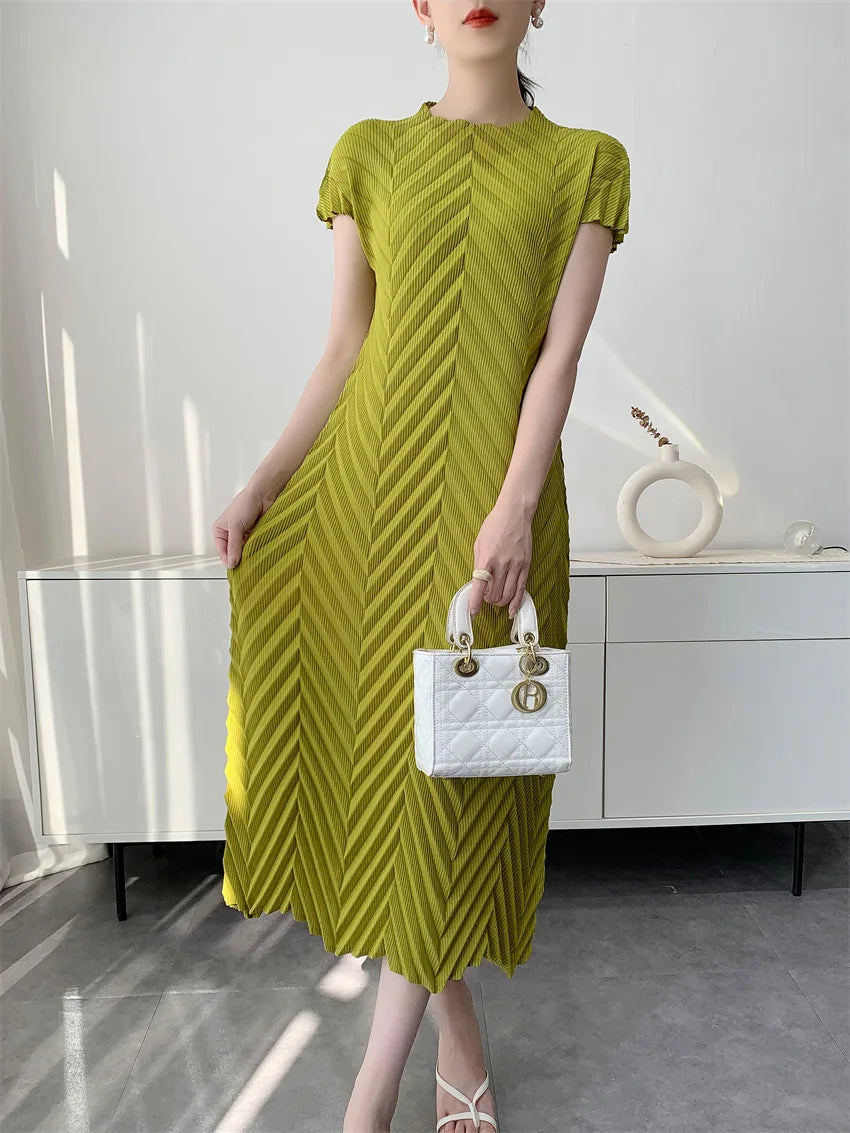 Miyake Handmade Pleated Dress Women's 2026 Spring New Solid Color Half-high Collar Sleeves Pullover Elegant Pleated Skirt