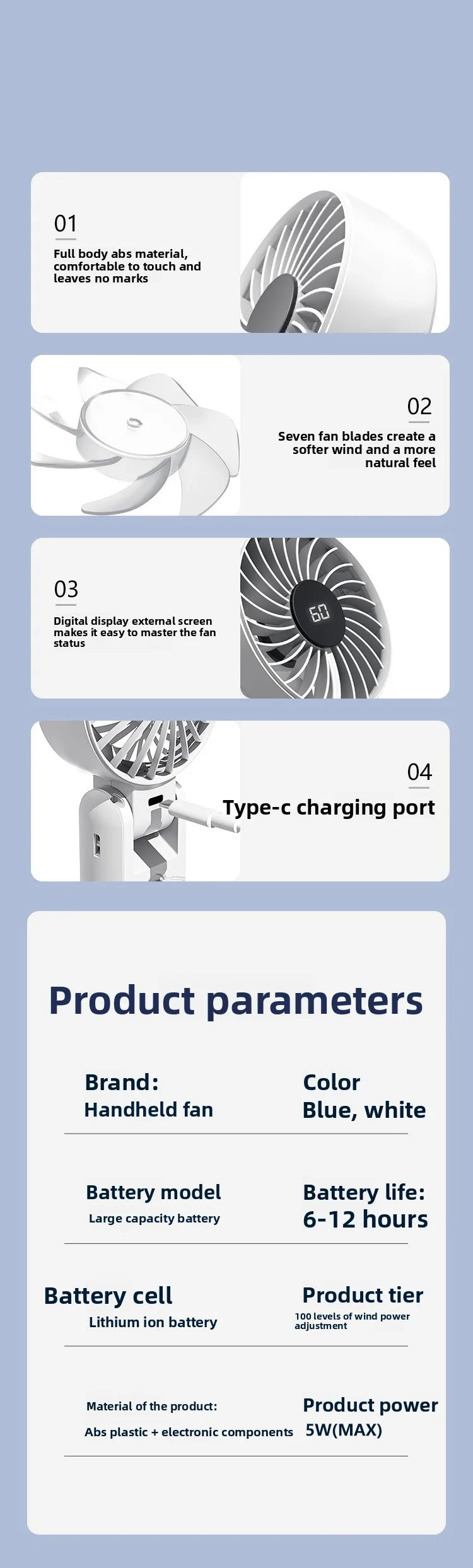 Foldable Handheld Fan with Digital Display, USB Rechargeable, Portable Mini Fan, Strong Airflow for Home and Travel
