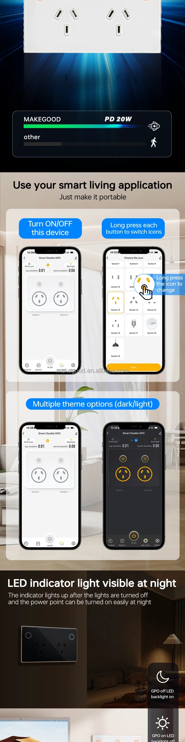 Customize Standard Wifi 2.4G 2400W Tempered Glass Panel Tuya App Smart Dual Power Point GPO Wall Socket