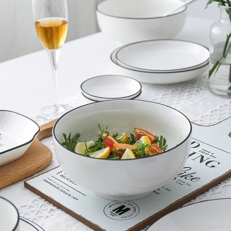 White With Black Dinner Plate Set Ceramic Serving Tray Food Dishes Rice Salad Noodles Bowl Soup Kitchen Dinnerware