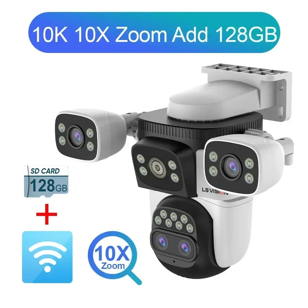 LS VISION 20MP Three Screens WiFi Security Camera Outdoor 10X Optical Zoom Four Lens Human Auto Tracking Waterproof CCTV Cameras