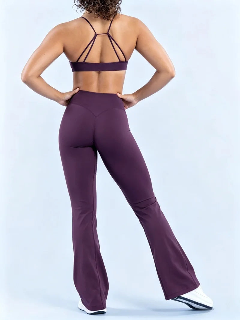 2Pcs Yoga Set Seamless Women Twist Front Sports Bra and Vision Flares Leggings Sets Scrunch Butt Cross Waist Gym Flare Pants Set