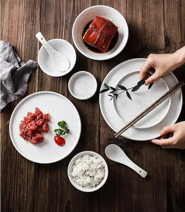 Japanese-style Tableware Set Bowls and Plates Round White Ink Point Dinner Plates Home Creative Western Dishes Dinner Plates