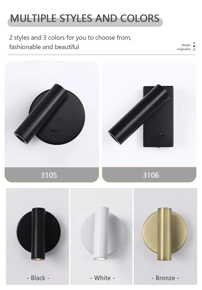 Modern LED Wall Lights Rotatable Adjustable Reading Lights Bedroom Bedside Living Room Study Room Household Lighting Fixtures