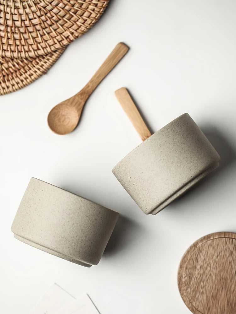 JUSTINLAU Ceramic Seasoning Jar Japanese Spice Container with Bamboo Lid Spoon Home Oil Pot Seasoning Bottle Tray Kitchen Tools