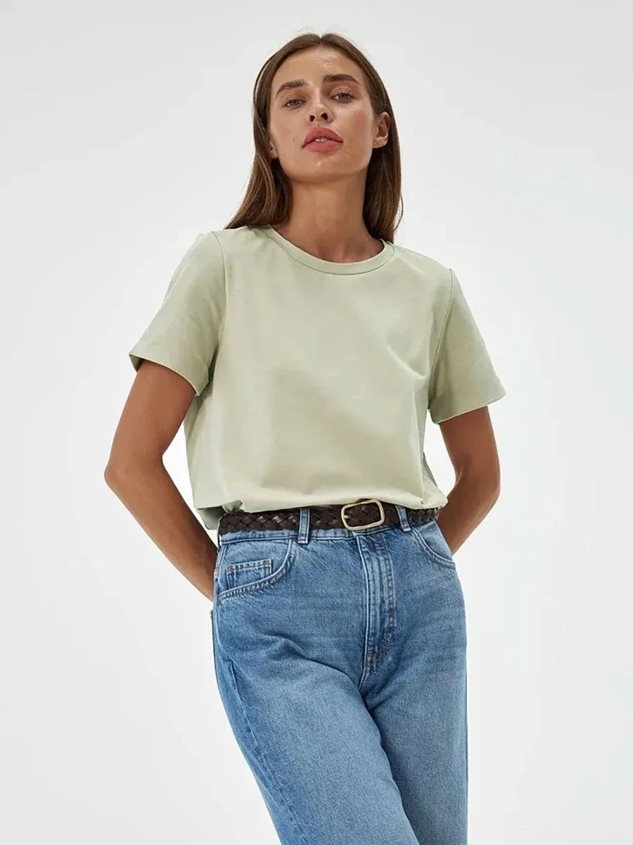Wolfeel Summer 100% Cotton Women's T-shirt Bottoming Basic Fashionable Solid Lady Short Sleeve Loose Tops Shirts 230g/㎡ Tops