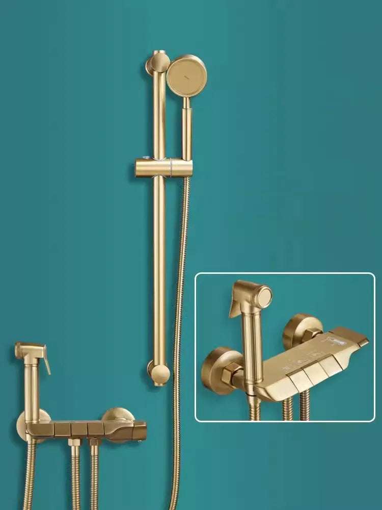 Tuqiu Brushed Gold Bathroom Shower Faucet Set Wall Mounted Shower Faucet, Bathroom Cold and Hot Bath and Shower Mixer Taps Brass