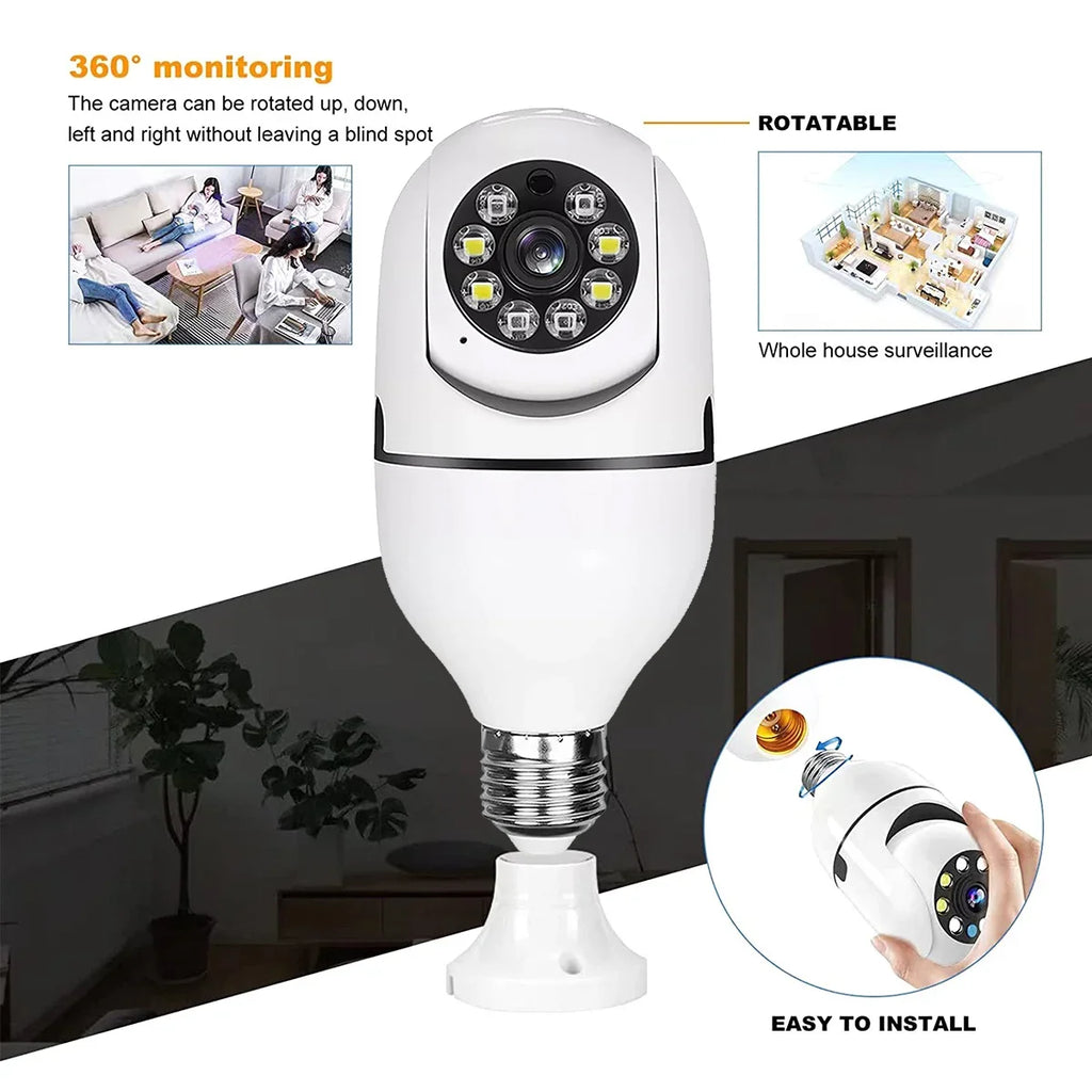 WiFi Security Camera E27 Bulb 8MP Wireless Baby Monitor AI Tracking Video Surveillance Pet Cameras Color Night Vision Indoor Cam
