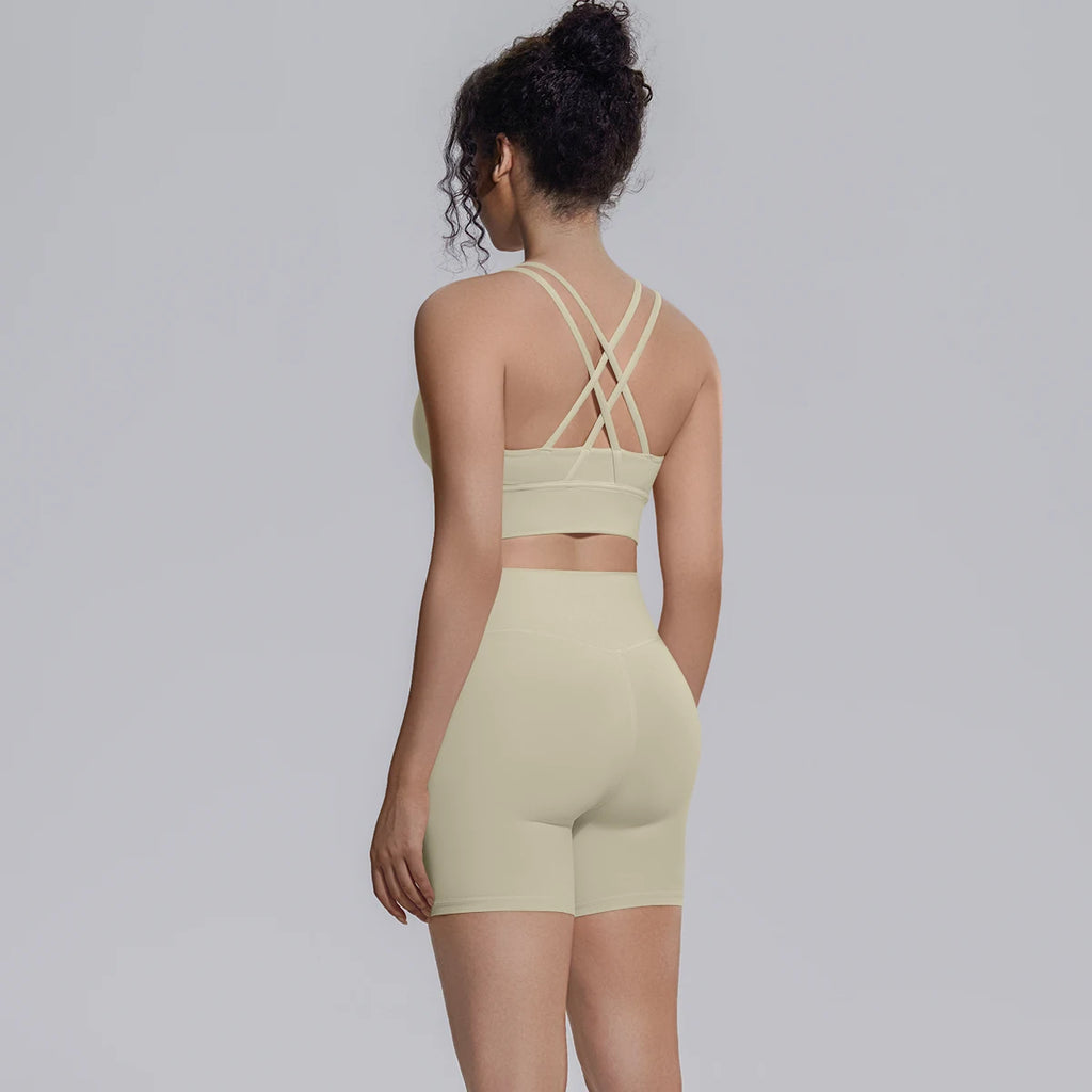 2PCS/set Yoga Set Summer Breathable Running Cycling Backless Sports Bra High Waist Peach Buttocks Fitness Shorts Gym Yoga Set