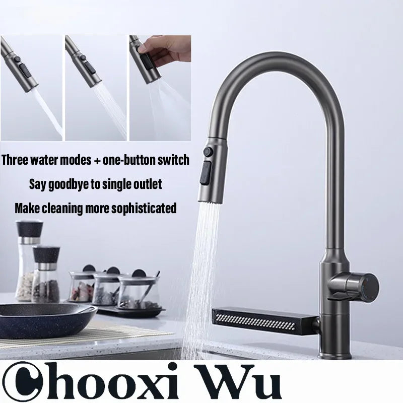 304 Stainless Steel Kitchen Faucet with Waterfall Sink Countertop Installation Hot Cold Mixer 360° Rotation for Kitchen