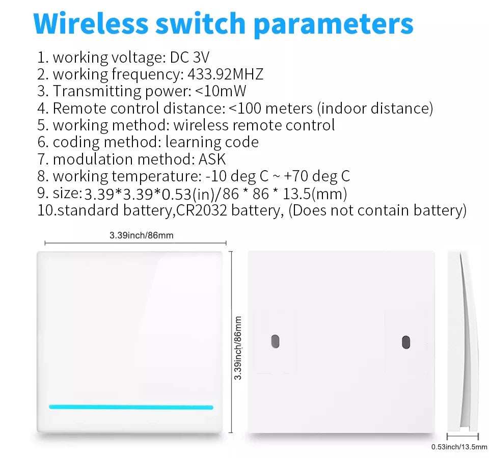 Long Distance Smart Tuya Wifi Wireless Switch Black And  White 1/2/3gang RF433 Remote Control Light Switch CR2032 Power Supply