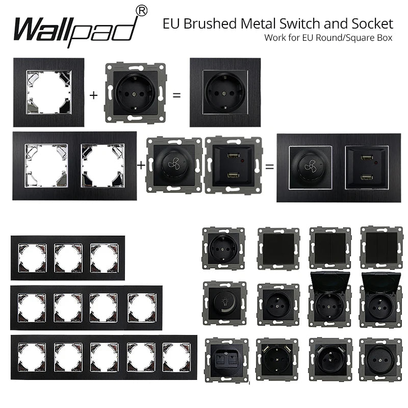 Euro USB Type-C Socket Black Matte Metal Panel Double Triple Electrical Wall SocketS EU Type A+C Outlet with Cap Cover Round Box