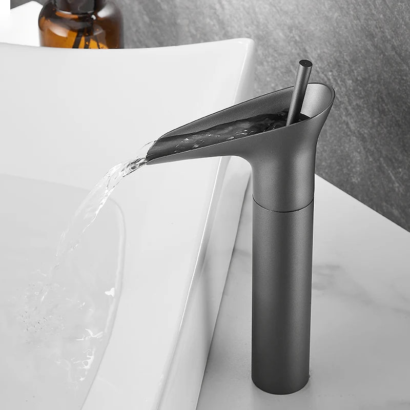 Bathroom Basin Faucet Sink Mixer Gun Grey Color Hot Cold Water Mixer Deak Mounted Waterfall Style Copper Sink Taps FR651