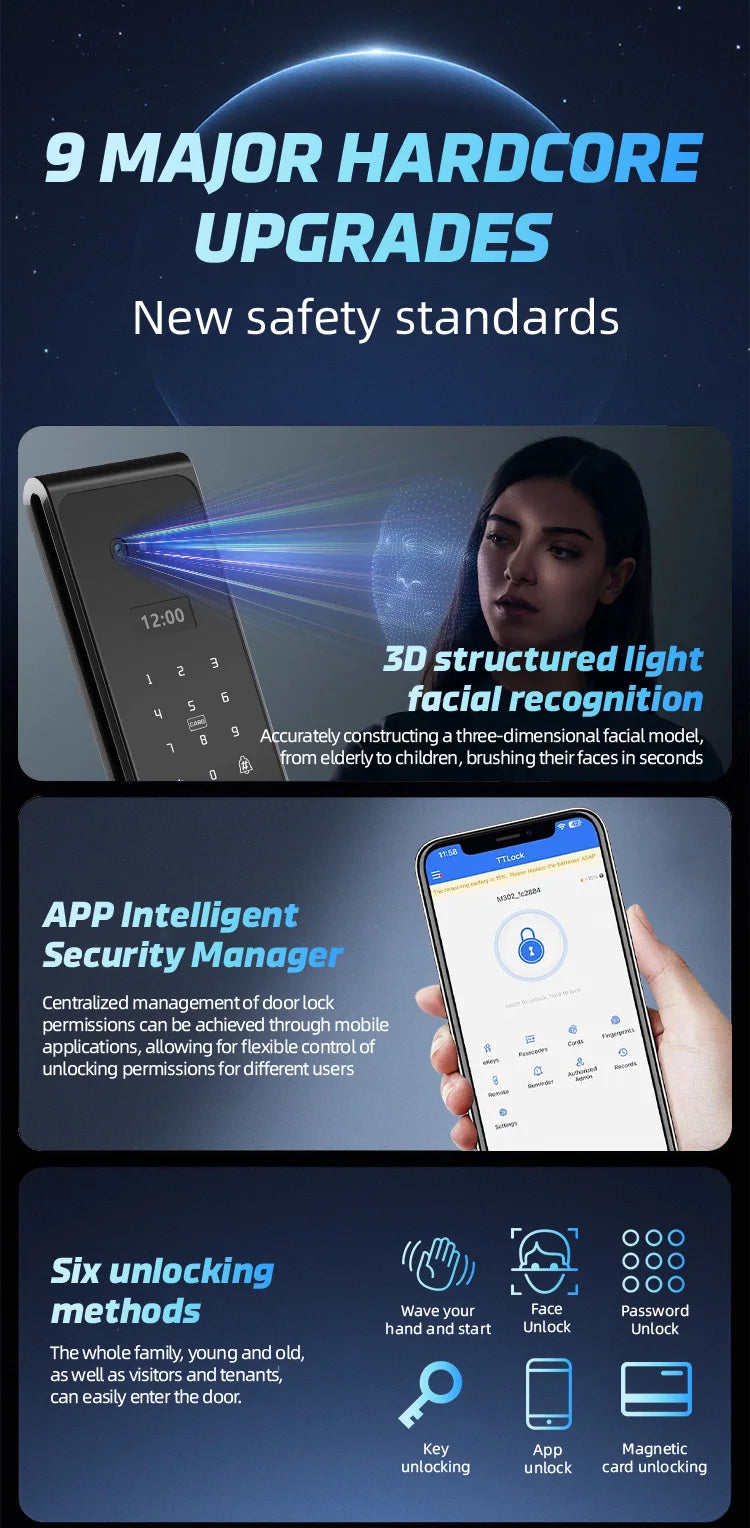 2026 New Tuya 3D Face Palm Recognition Smart Lock Durable Electronic Lock Waterproof Digital Lock Suitable for Europe, Israel