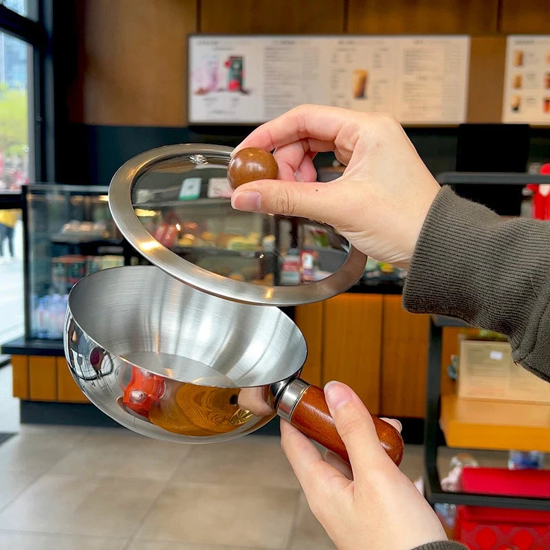1Pc Stainless Steel Cooking Pot With Wooden Handle Compact Small Noodle Pot For Baby Food Milk Snacks Kitchen Gadgets