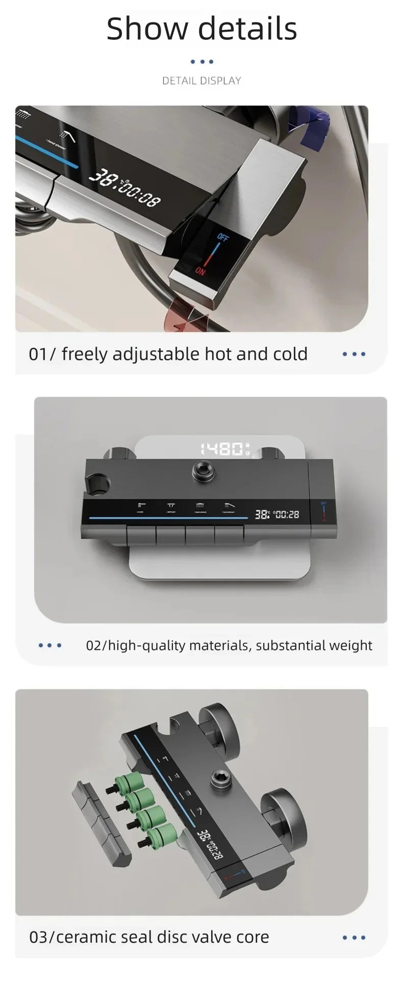 Multifunctional Aluminum Shower Set Household Hot and Cold Water Digital Display Pressurized Shower System Set Bathtub Faucet