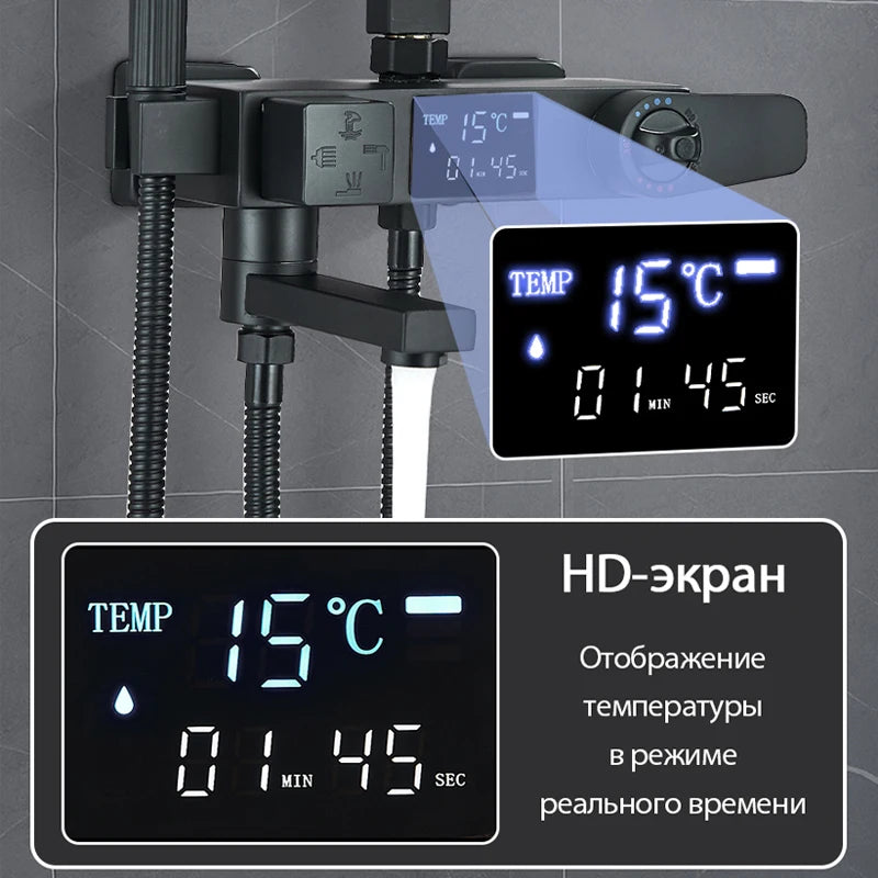 Chrome/Black Thermostat Shower Set Faucet 4 Ways Bathroom Faucet Rainfall Mixer Tap Digital Display Shower Set System Bathroom
