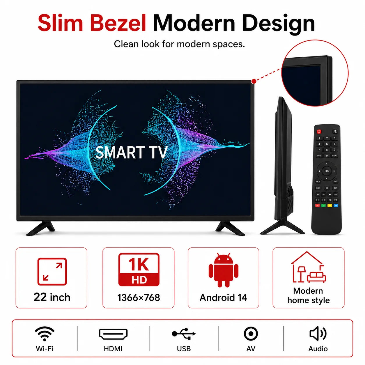 22 Inch Smart TV Android LED Television HD WiFi Bluetooth HDMI USB Flat Screen TV for Bedroom Kitchen RV Home