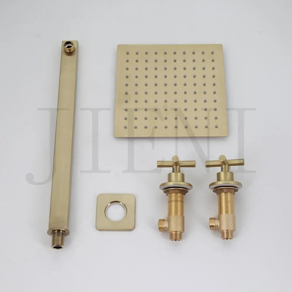 JIENI 8 Inch Brushed Gold Rainfall Shower Faucet Sets Wall Mounted Bathroom Round & Square Head 2 Handles Control Mixer Shower