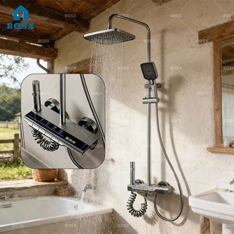 Multifunctional Aluminum Shower Set Household Hot and Cold Water Digital Display Pressurized Shower System Set Bathtub Faucet