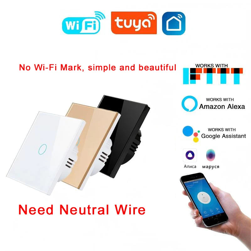 Tuya WiFi Smart Touch Switch Glass Panel EU Standard 1/2/3/4 Gang Light Switch Neutral Wire Required App Voice Control Alexa Goo