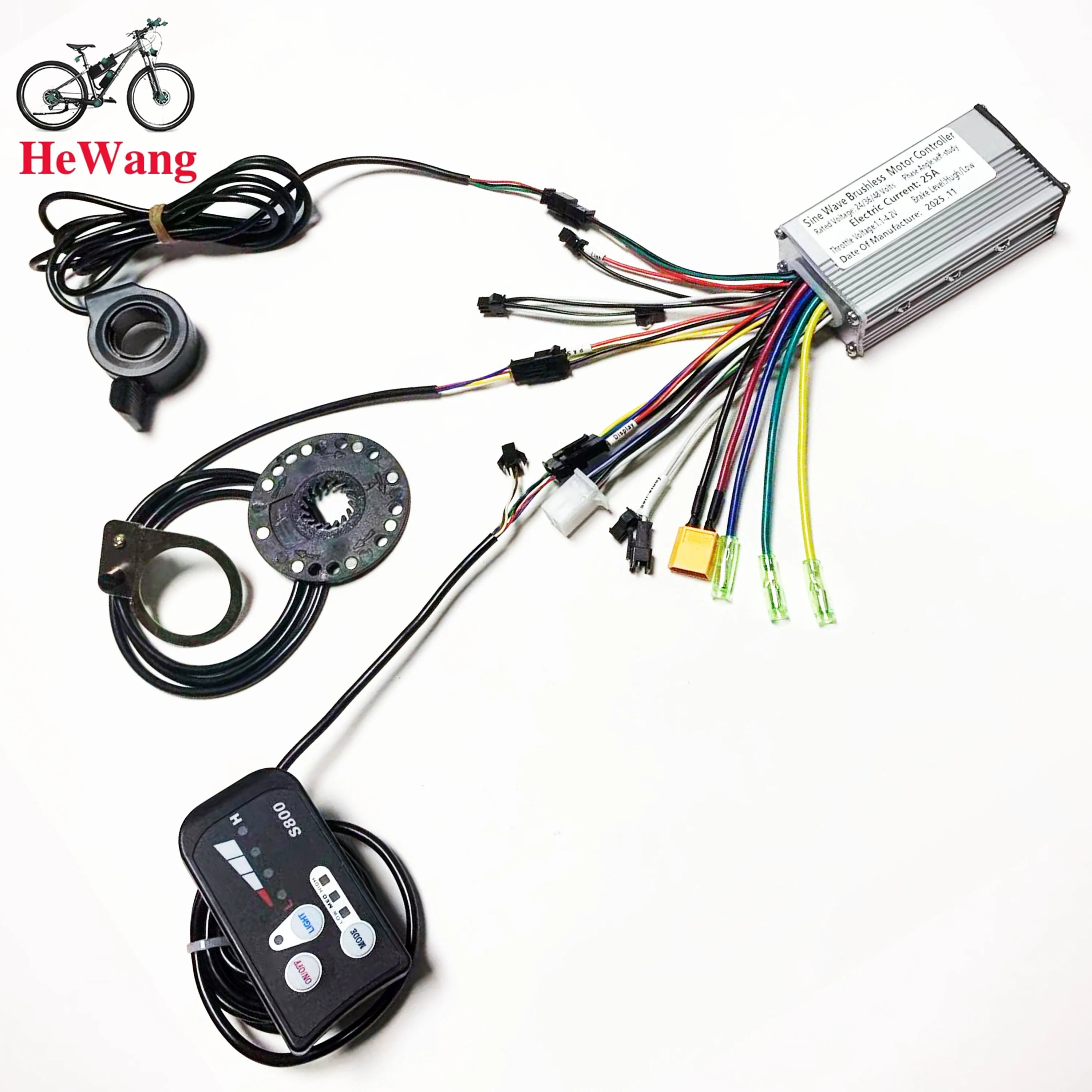 24V/36V/48V Electric bike kit: 25A sine wave controller with LED S800 instrument , 130X thumb throttle , 8C speed assist sensor