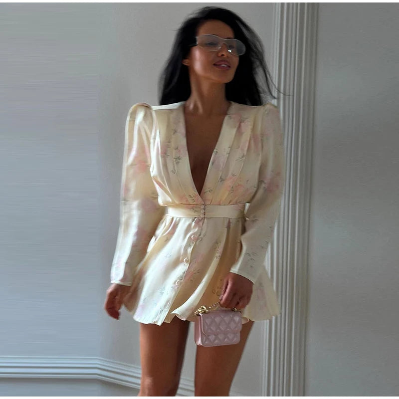 Women's White Floral Print Wide-strap Cami Dress With Waistband Fashion Satin Bodycon Mini Dresses Lady 2026 Elegant Party Robes