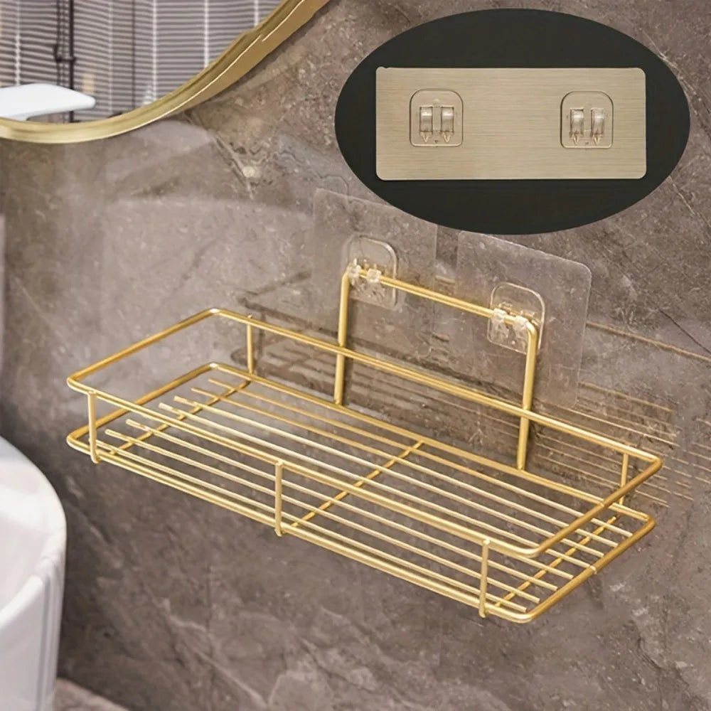 Wall Mounted Shelf No Drill Bathroom Storage Organizer Hanging Rack for Home Kitchen Metal Frame Shelves Bathroom Accessories