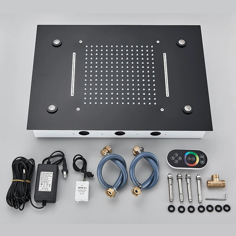 Digital Display Thermostatic Rain Shower System Set 14 X 20 Inch Waterfall Rainfall LED Ceiling Shower Head with HandShower