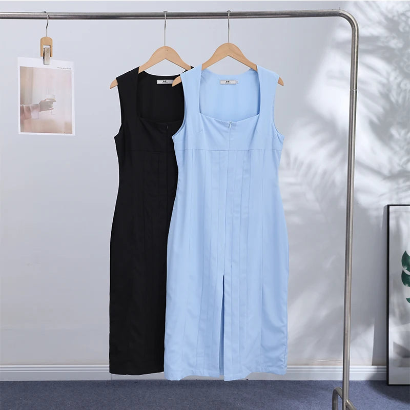 Camisole Women's Dress U Neck Zipper Dress Fitted Waist Split Long Dress Elegant Stylish Wear Date Party Outfit