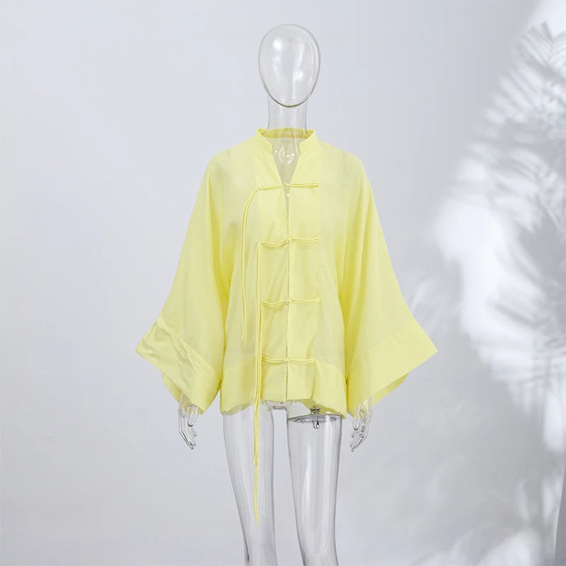Loose Women's Frog Buttons Mandarin Shirts See Through Stand Collar Full Sleeve Blouses 2026 Summer Lady Cotton Linen Outwear