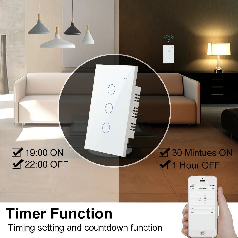 2 3 4 Gang 2 3 Way US Tuya Smart Wall Touch Light Switch for LED with No Neutral WiFi Glass Australia Brazil Android RoHS Alexa