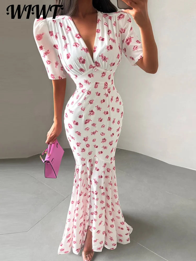 Slim Printed Waist-cinching Fishtail Dress 2026 Summer New Ladies Sexy V-neck Short Sleeve Split Long Robes Women's Party Gowns