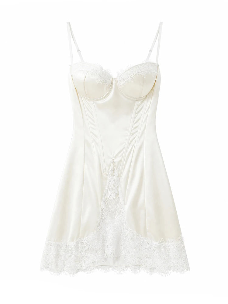 Women White Lace Trim Corset Mini Dress Sexy Sweetheart Neck Spaghetti Strap Slit Hem 2026 Summer Leisure Nightclub Party Wear