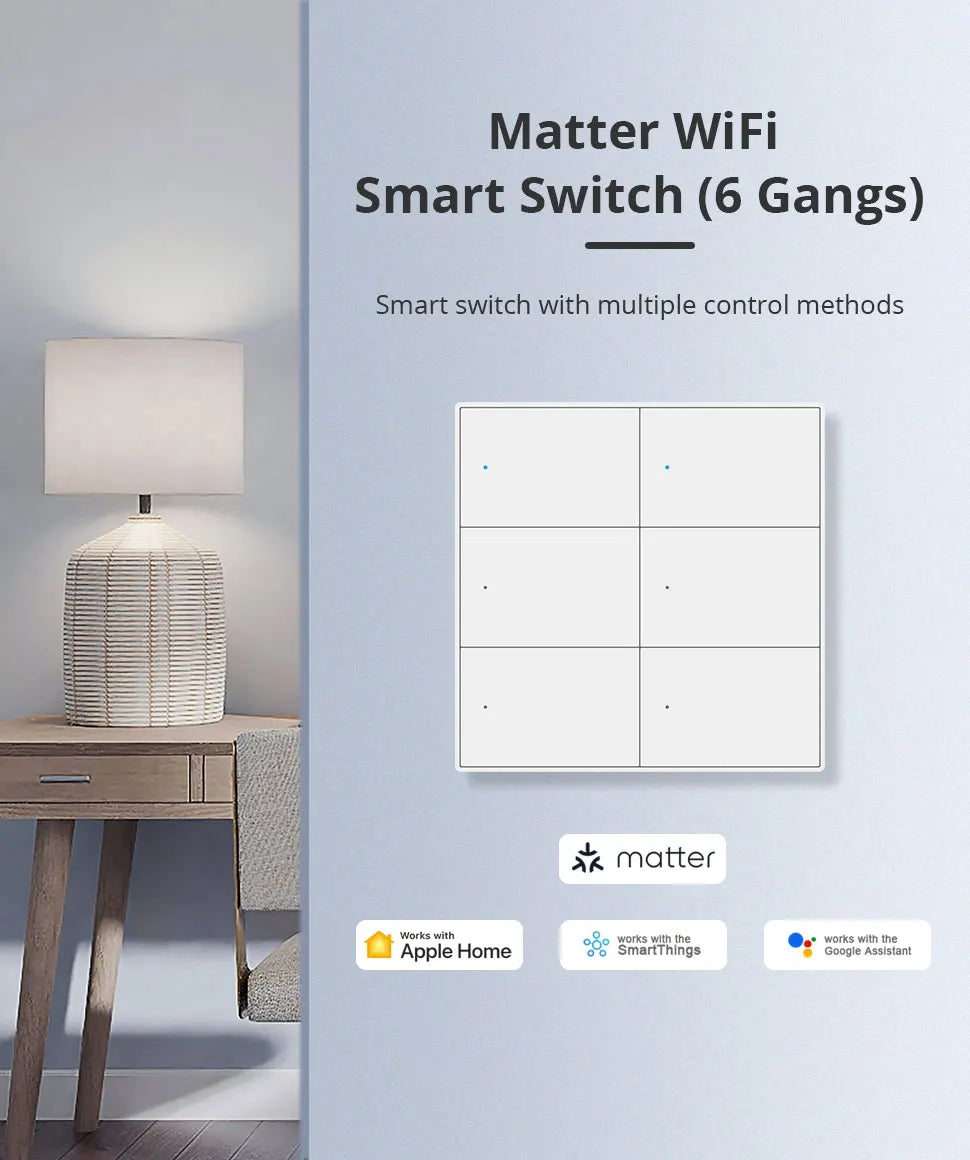 Zemismart Matter WiFi 6 Gangs Smart Wall Light Switch with Neutral 4x4 Push Button Switches SmartThings Homekit App