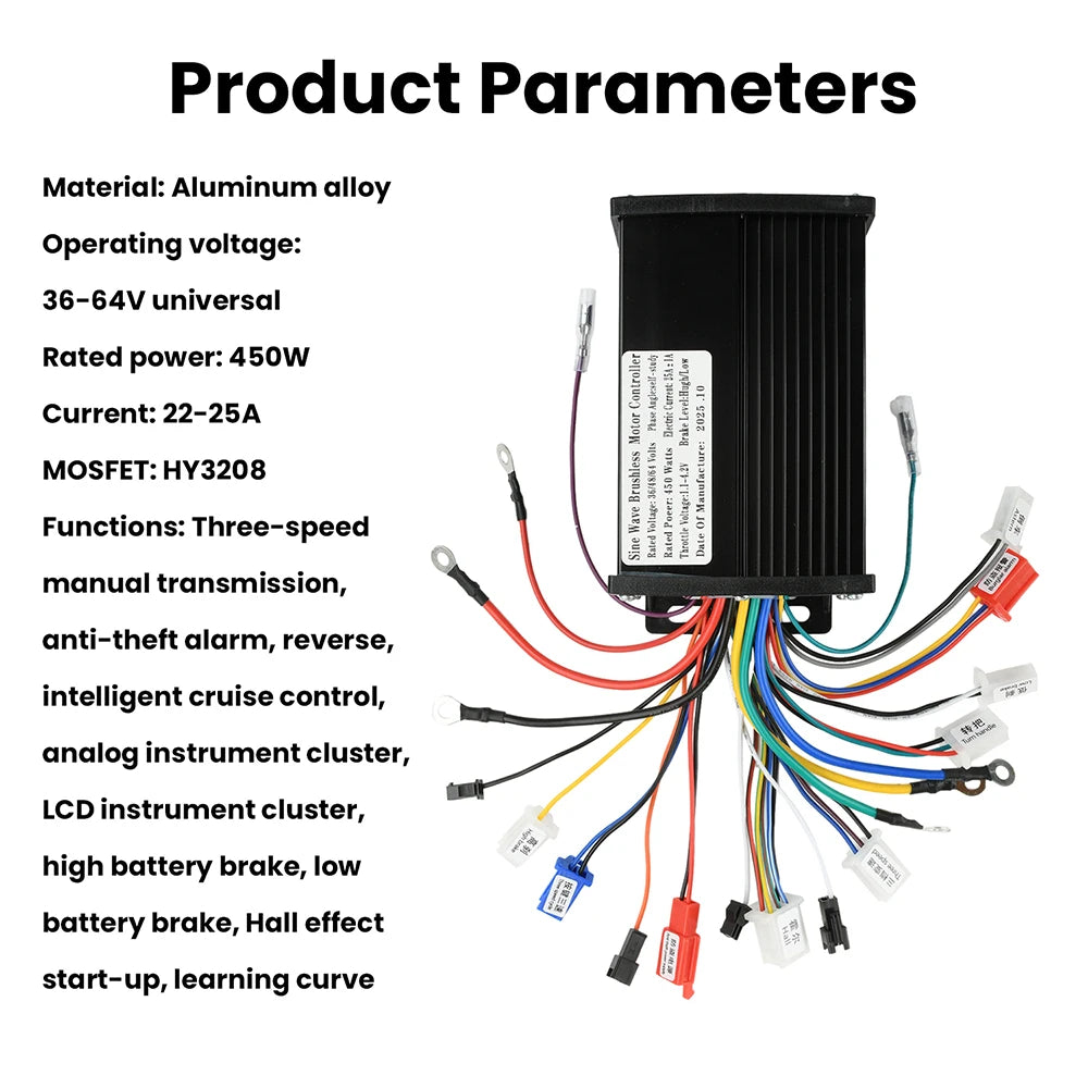 36V 48V 64V 450W 22-25A Electric Scooter E-Bike Sine Wave Brushless Motor Controller Triple-Mode Silent HY3208 MOS Transistor