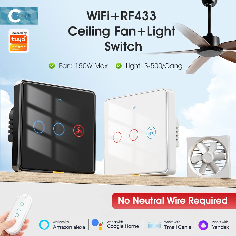 No Neutral Wire Tuya Smart WiFi RF433 Fan Ceiling Light Switch Timer Wall Glass Touch Switch Backlight Timing Control Voice