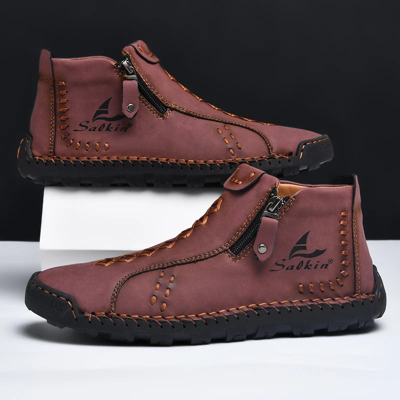 Handmade Leather Casual Shoes For Men Sneakers Men Flat Footwear Zipper Leather Boots Men Ankle Plus Size 39-48