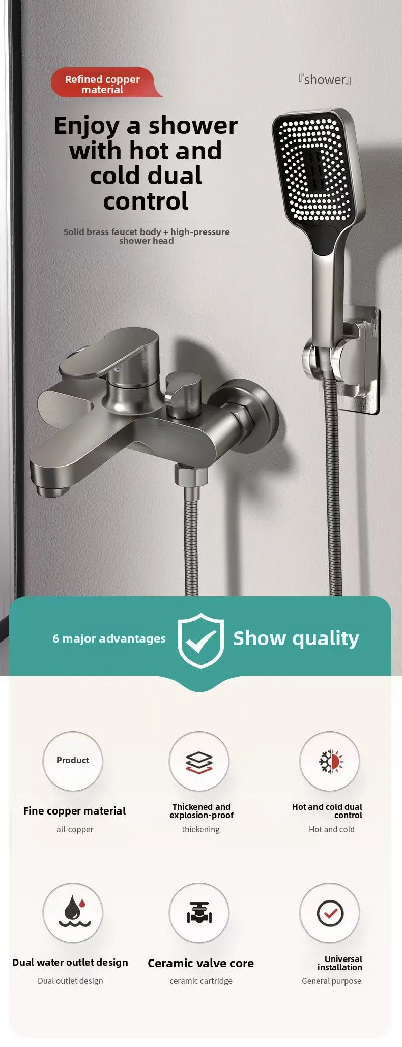 Thermostatic Shower Mixer Valve 3-Way Diverter Universal Wall Mounted Bathroom Bath Shower Faucet Set Zinc Alloy Anti-Scald Temp