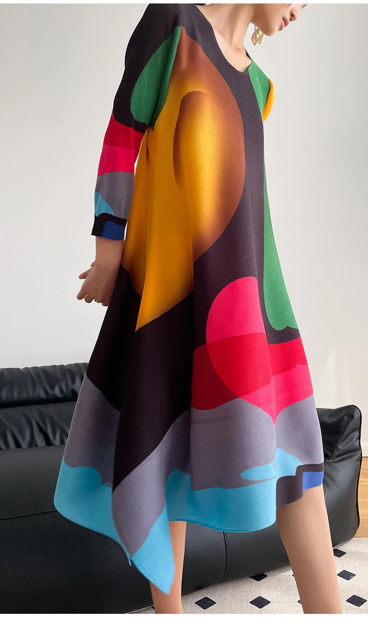 Miyake Pleated Print Dress 2024 New Early Spring Fashion Elegant A-line Swing Dress Elegant Women's Clothing High-quality