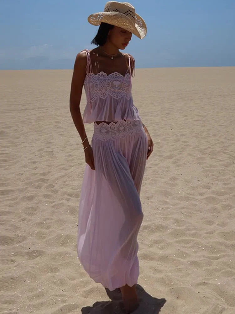 Women Elegant Lace Long Pant Set Square Neck Sheer Ruffle Hem Crop Cami Top High Waist Wide Leg Trousers 2026 Summer Chic Suit
