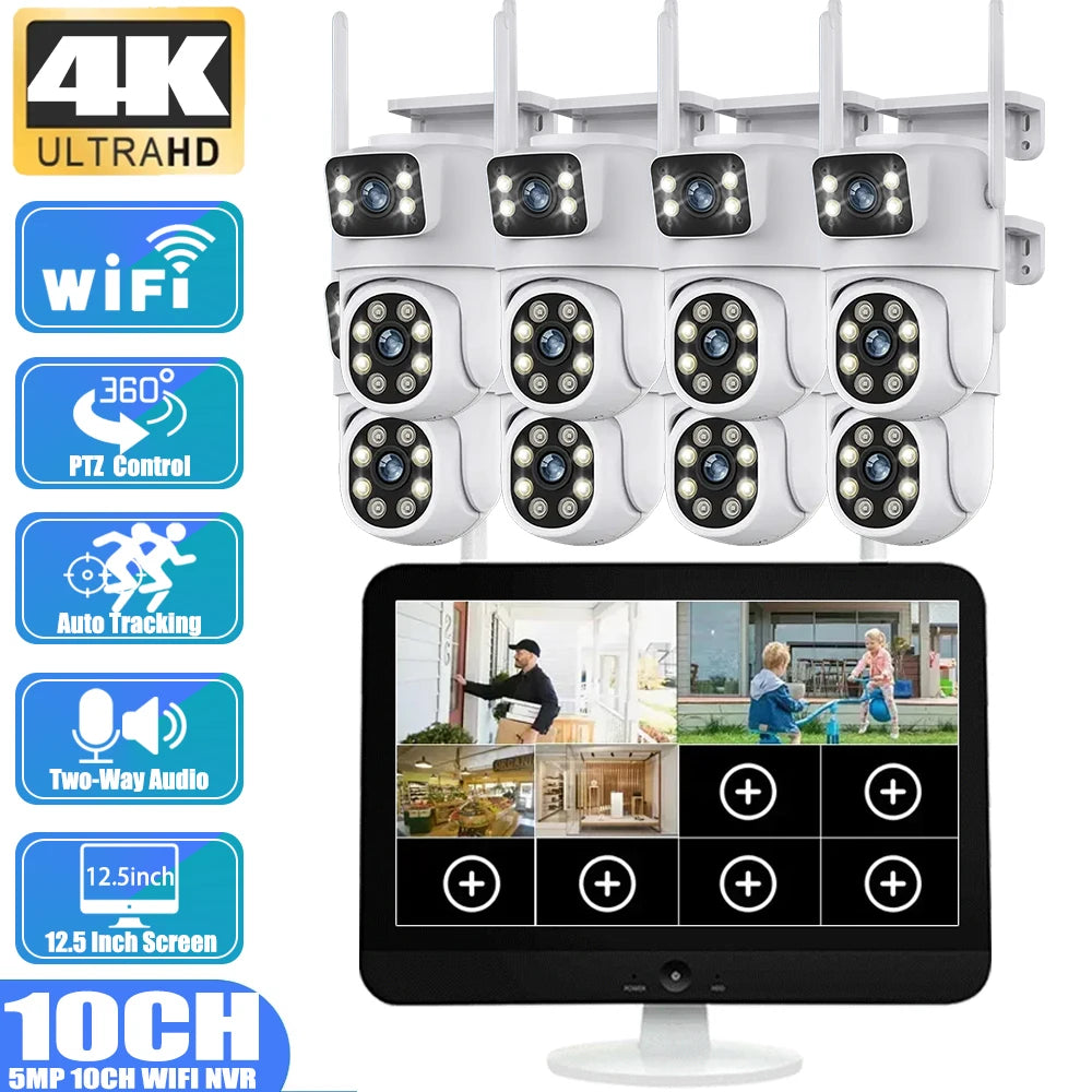 CCTV Security  8MP Dual Lens PTZ Camera 10CH 12.5"Inch LCD Screen Monitor Wifi NVR Kit Wireless Home 4K Security Camera System