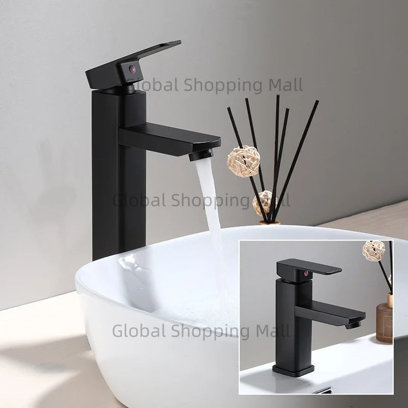 Bathroom Faucet Single Hole Single Handel Hot and Cold Water Mixer Tap Deck Mounted in Black and Chrome Square Basin TapBathroom